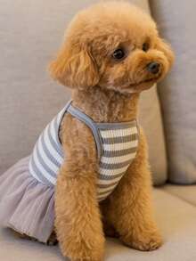 holdhoney Polyester Mesh Dress, Gray-White Striped Gauze Dress, Summer Thin, Soft And Skin-Friendly, Cat And Dog Pullover Dress, Cute And Casual, Elegant, Small Dog Clothing, Princess Strap, Spring And Autumn Tank Dress, Suitable For Cat And Dog Owners For Outdoor Travel Dressing Clothes.