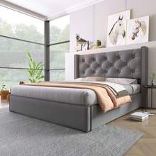 Hydraulic Double Upholstered Bed 140x200cm, Bed With Slatted Frame Made Of Metal Frame, Modern Bed Frame With Storage Space, Cotton, Grey - 深灰色 - 查看 5