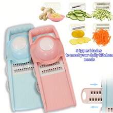 8-Piece Set, 5-In-1 Multi-Function Vegetable Slicer And Fruit Cutter, Manual Food Grinder, Vegetable Shredder, Potato Slicer, Home Kitchen Potato Chopper, Stainless Steel Material, Not Charged, Convenient Kitchen Tool - Pink - View 2