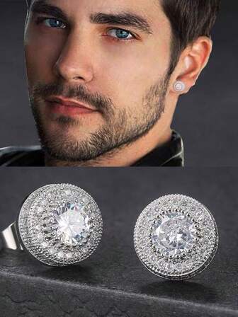 ต่างหูเพชร คิวบิกเซอร์โคเนีย ทรงกลม 1 คู่, ต่างหูคู่รักฮิปฮอป ยูนิเซกส์ สีทองและสีเงิน, ของขวัญสำหรับคริสต์มาส, วันครบรอบ, วันเกิด, วันวาเลนไทน์