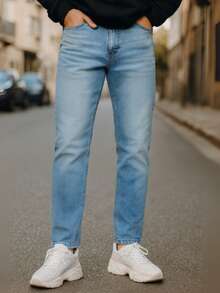 Jeans Slim/Straight PREMIUM para Hombre de Mezclilla de Alta Calidad, Resistentes de Alta Durabilidad, Cómodos, - Azul Claro #3185L - Ver 1