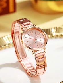2PCS Rose Gold Alloy Strap Women's Watch Set Fashion Simple And Versatile Quartz Watch Bracelet Set For Daily Clothing Matching Or Holiday Gifts
