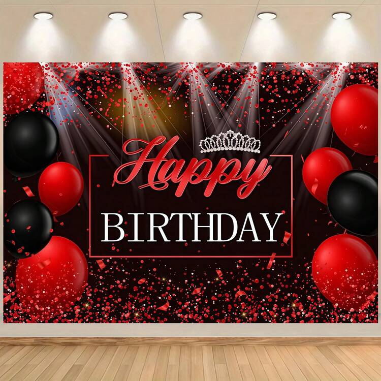生日快乐背景横幅，饰以红色和黑色气球以及银色皇冠图案，适用于摄影背景、女士生日派对装饰、蛋糕桌横幅、拍照道具和生日派对用品。 - 彩色 - 查看 5
