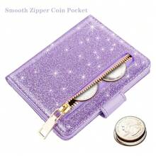 Slim Bifold Wallet RFID Credit Card Wallet Glitter Leather Small Cute Card Holder For Women, Purple{"Color_name":"GlitterPurple"} - 多色9 - 查看 4