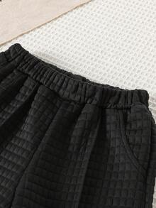 两件套女童休闲街头服饰，针织长袖上衣搭配阔腿裤，纯色格子套装，适合居家和户外休闲穿着。 - 黑色 - 查看 6