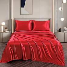 Silky Soft Pink Twin XL Satin Bed Sheets Set, 1 Deep Pocket Fitted Sheet + 1 Flat Sheet + 1 Pillowcase,  In 2025 - 紅色 - 查看 4