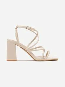 Women's Strappy Block Heel Sandals - Summer Party Shoes - Beige - View 3