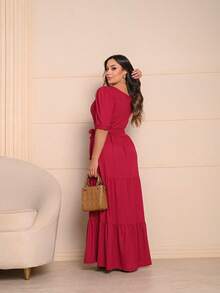 Three Marias Long Dress In Evangelical Ribbed Knit, Various Colors, With Belt, Ruffled Hem - Redwood - View 4