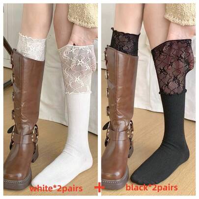 4 双/1 双女式蕾丝拼接长袜，复古风格，可搭配装饰性及膝长靴、时尚袜子、YK2