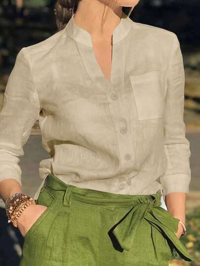 Blusa de mujer talla grande de unicolor, con botones, bolsillo y manga larga, diseño de túnica simple, ajuste relajado para uso diario en otoño, invierno y primavera