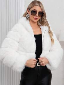 优雅女士白色时尚保暖仿毛皮连帽常规长度长袖外套，适合冬季圣诞节和新年假期 - 白色 - 查看 4