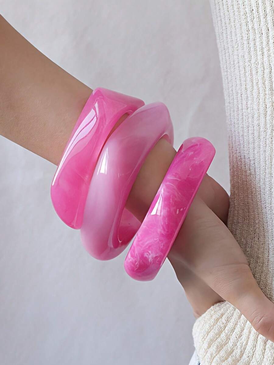3 chiếc vòng tay Acrylic Dopamine bản rộng nhiều màu sắc thời trang và dễ thương dành cho nữ, đa năng cho mọi mùa, kỳ nghỉ và du lịch - Hồng - Xem 1