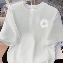 Camiseta Feminina Margarida Blusa 100 % Algodão Malha Premium Manga Curta Camisa Gola Redonda - Branco - Visão 1