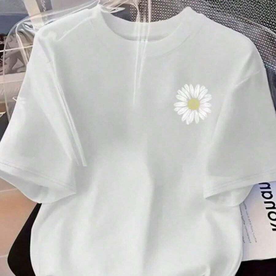 Camiseta Feminina Margarida Blusa 100 % Algodão Malha Premium Manga Curta Camisa Gola Redonda - Branco - Visão 1
