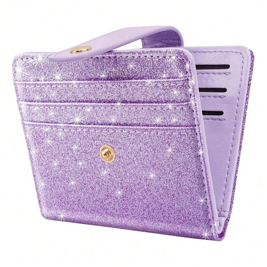 Slim Bifold Wallet RFID Credit Card Wallet Glitter Leather Small Cute Card Holder For Women, Purple{"Color_name":"GlitterPurple"} - 多色9 - 查看 1