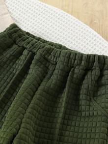 两件套女童休闲街头服饰，针织长袖上衣搭配阔腿裤，纯色格子套装，适合室内外休闲穿着。 - 軍綠色 - 查看 7