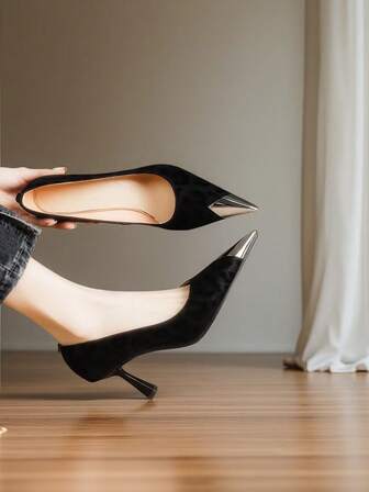 2025 New Elegant Metal Decor Pointed Toe High Heel Shoes, Women's Thin High Heel Black Spring/Autumn Pumps, New Suede Slip-On Formal High Heels, 7.5cm Women's Fashion Versatile Minimalist Commuter Pumps, Classic Leopard Print Paired With Maxi Dress & Wide-Leg Pants Women's Fashion High Heels, Halloween Gift, New Product Wholesale, Festival Gift