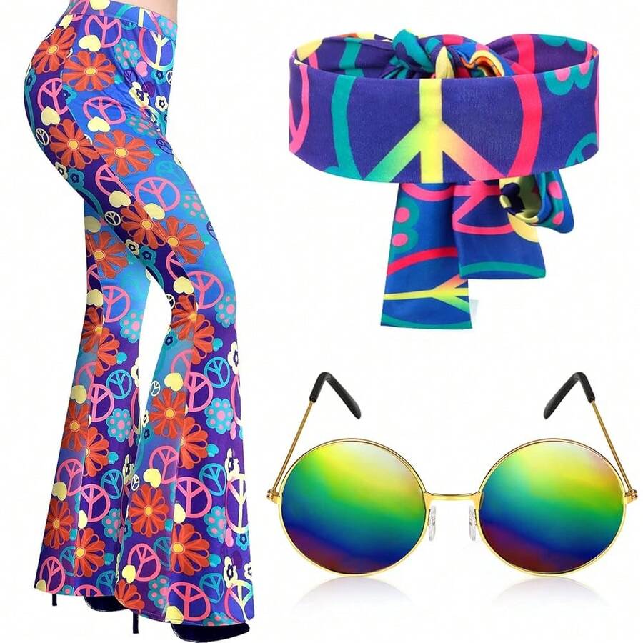 3 Pcs 60s 70s Outfit For Women Hippie Costume Set Disco Flared Pants Groovy Outfit Party Accessories{"Size_name":"LSize","Style":"Retro"} - 復古的 - 查看 1