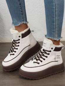 أحذية رياضية عالية الكعب مبطنة بالحرارة بطراز رجعي للنساء، أحذية كاجوال دافئة مع أربطة وحلقات معدنية