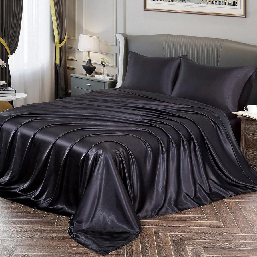 Silky Soft Pink Twin XL Satin Bed Sheets Set, 1 Deep Pocket Fitted Sheet + 1 Flat Sheet + 1 Pillowcase, In 2025 - 黑色 - 查看 1