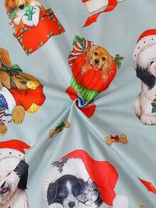 3 件套女孩和青少年休闲卡通圣诞小狗印花翻领长袖开衫和短裤和长裤睡衣套装，阻燃，适合所有季节和圣诞节 - 綠色 - 查看 6
