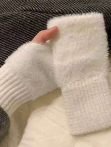 1 Paar Mink-Fleece weiche Winter Halbfinger Handschuhe für Damen, warm, luxuriös, einfarbig weiß, flauschig gestrickt, fingerlos, Handgelenkstulpen - Verschiedenfarbig - Übersicht 4