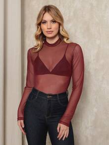 Women's Long Sleeve Tulle Blouse With High Neck Transparent Elegant - Casual Fashion And Fashion Simple Transparent None Holiday Evening All Seasons - 硼 - 查看 4