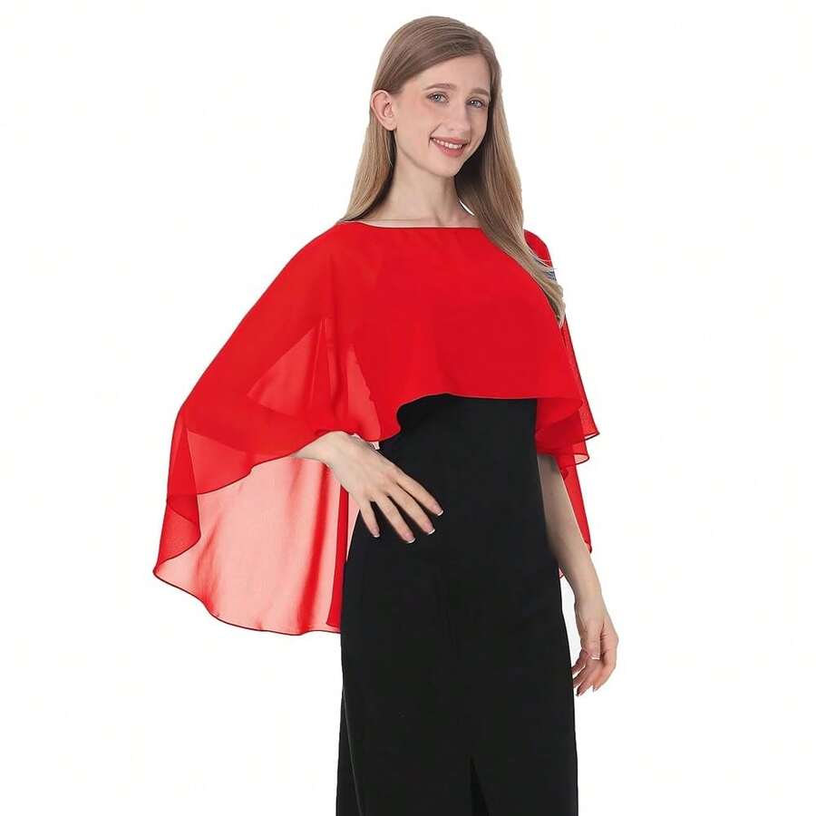 Baoqiya Women's Capelet Shawls And Wraps For Evening Dresses Soft Bridesmaid Shawl Chiffon Cape Wedding Cover Up{"Color_name":"Red"} - 紅色的 - 查看 1