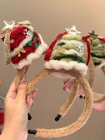 1 pieza Sombrero de Navidad de mujer con lazo 3D de peluche con estrella y copo de nieve, decoración navideña europea y americana, sombrero de fiesta de Año Nuevo, diadema de maquillaje de cosplay, accesorio de atmósfera navideña, adecuado para uso de cosplay de Año Nuevo, belleza, diadema, aro para el cabello