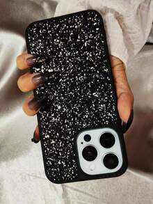 1pc Luxury Rhinestone Sequin Leather Phone Case, Compatible With Iphone 17 16 15 14 13 12 11 Pro Max Plus - Black - View 2