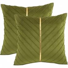 Navy Blue Velvet Throw Pillow Covers 18 X 18 Inch Pack Of 2 With Gold Leather Decor For Couch, Luxury Modern Pillowcases For Living Room, Bedroom Sofa Cushion Bed - 橄欖綠 - 查看 1