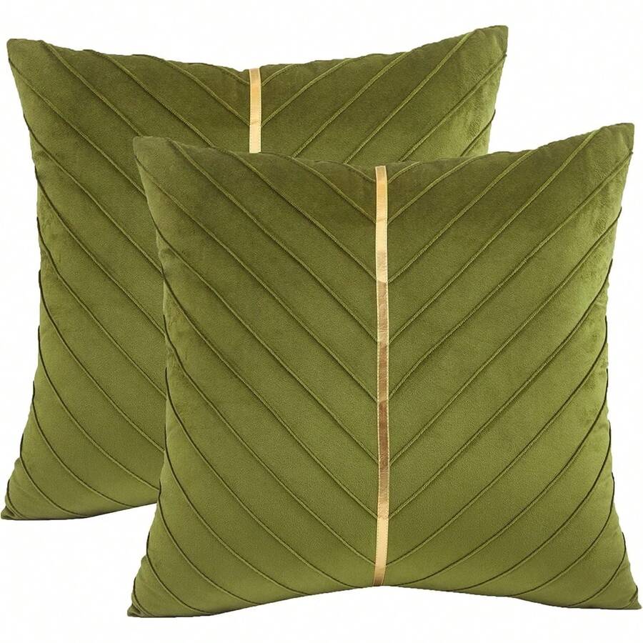 Navy Blue Velvet Throw Pillow Covers 18 X 18 Inch Pack Of 2 With Gold Leather Decor For Couch, Luxury Modern Pillowcases For Living Room, Bedroom Sofa Cushion Bed - 橄欖綠 - 查看 1