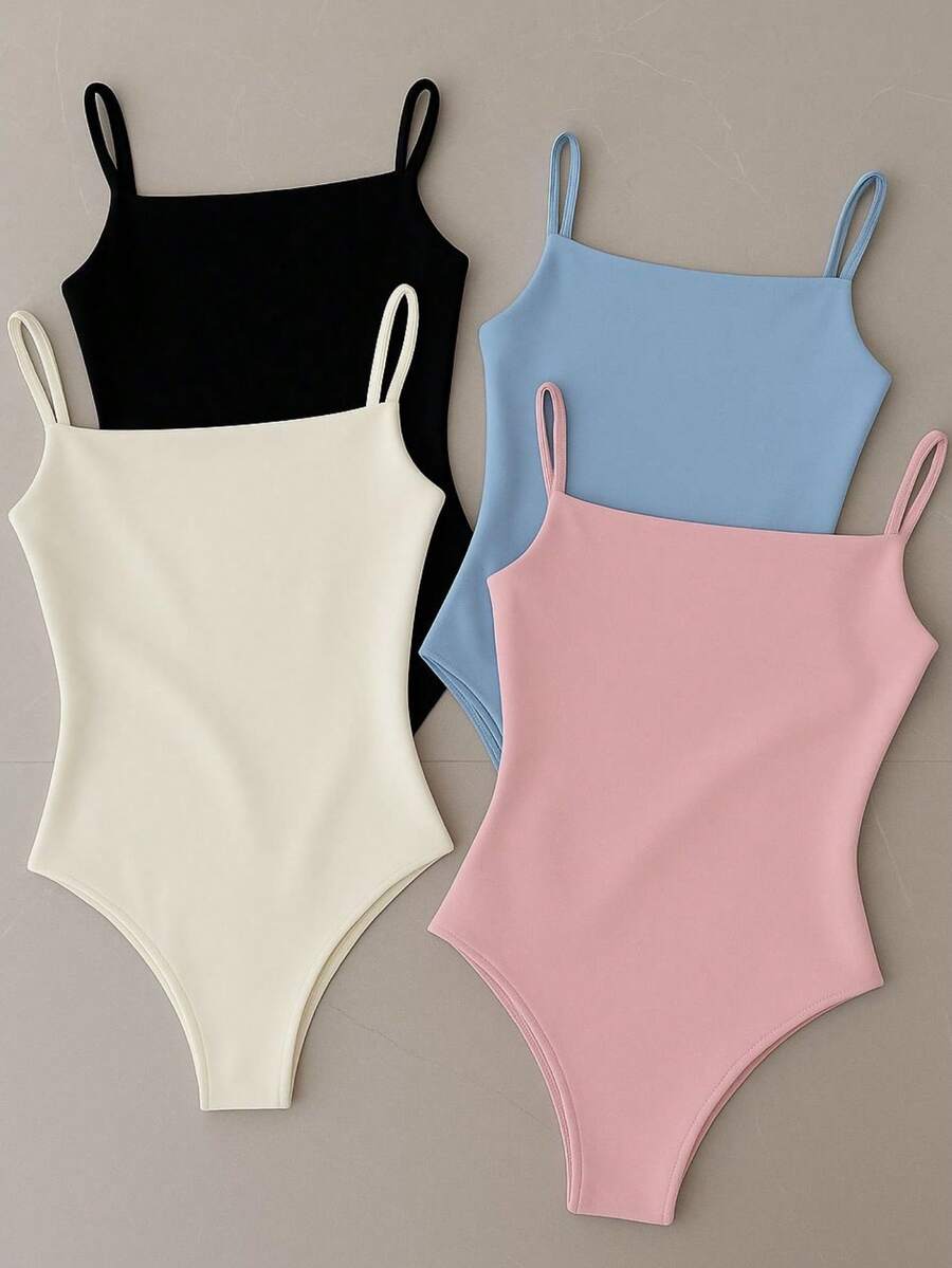Kit With 4 Women's Leotard Bodysuit With Straps And Straight Neckline, Shaping, Elastic Fabric, Non-Transparency, Casual Fashion, Versatile, Basic, Gringa, Blogger - 粉紅色-藍色-黑色-白色 - 查看 1