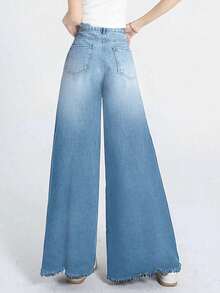 女式牛仔阔腿牛仔裤，长款，带毛边下摆和口袋，休闲风格，无弹力，蓝色猫须细节