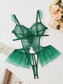 weiweihu 1-Piece Ladies Sexy Open-File One-Piece Floral Embroidery Lace Temptation Halter See-Through Bow Mesh One-Piece Free Sexy Underwear Suitable For Home Or Private Parties, Sexy Underwear  Ladies Open Crotch Ruffled Modified Lace Mesh Floral Embroidery Halter Halter Mesh Skin-Permeable Sexy One-Piece Fall Clothes For Women  Stockings Women  Medias De Invierno Mujer Winter Clothes Thanksgpajamas Sets For Women   Pijamas Navideñas Christmas Pajamas Thanksgiving Outfit Women - 墨綠色 - 查看 2