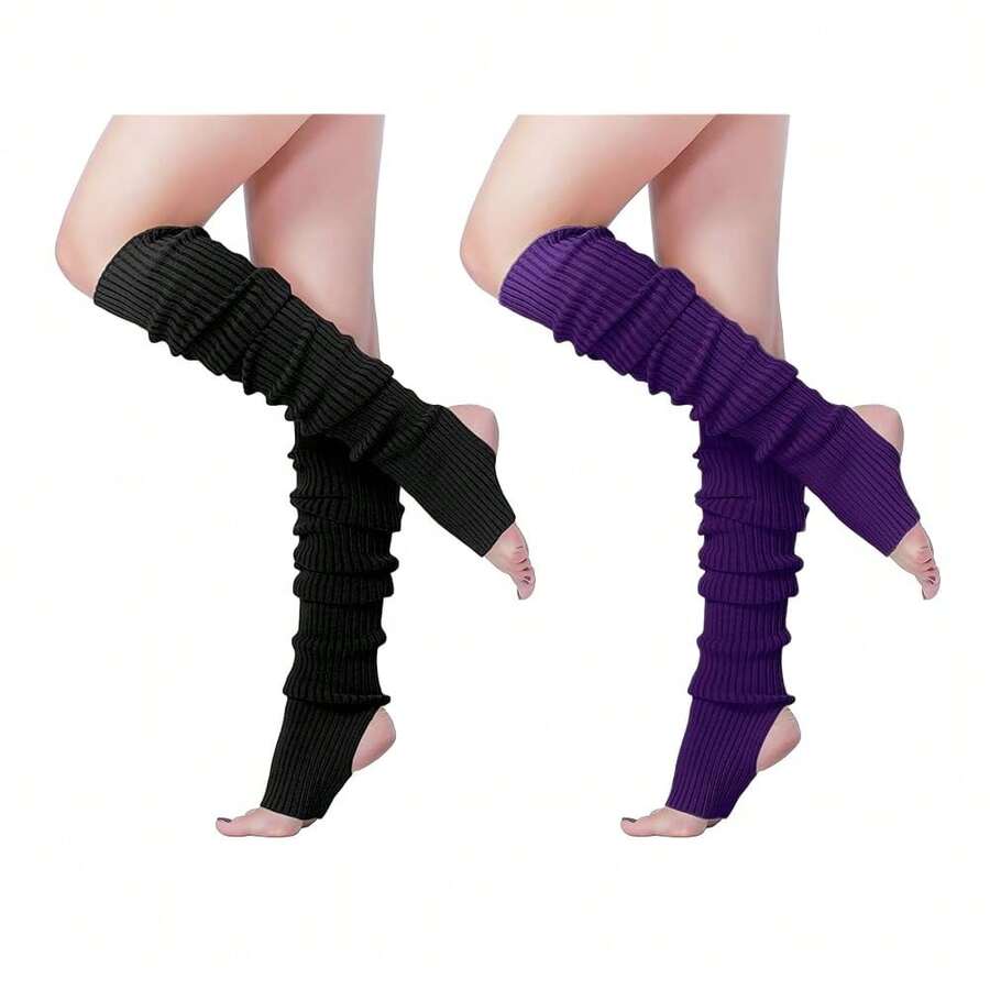 V28 Long Leg Warmer, Women's Men 80s Party Ribbed Knit Dance Sports{"Color_name":"Hole71-2(Black+Bripurple)"} - Multicolor25 - View 1