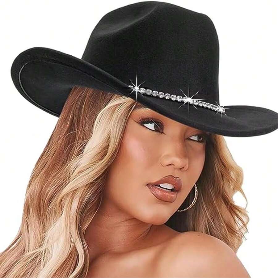 Women Sparkly-Rhinestone Western-Cowgirl-Hat Glitter-Bling Cowboy-Hat Felt-Rodeo-Hat For Disco-Party Medium/Large{"Size_name":"Medium-Large","Color_name":"OneRhinestoneDecor-Black"} - OneRhinestoneDecor-đenTrung bìnhLớn - Xem 1