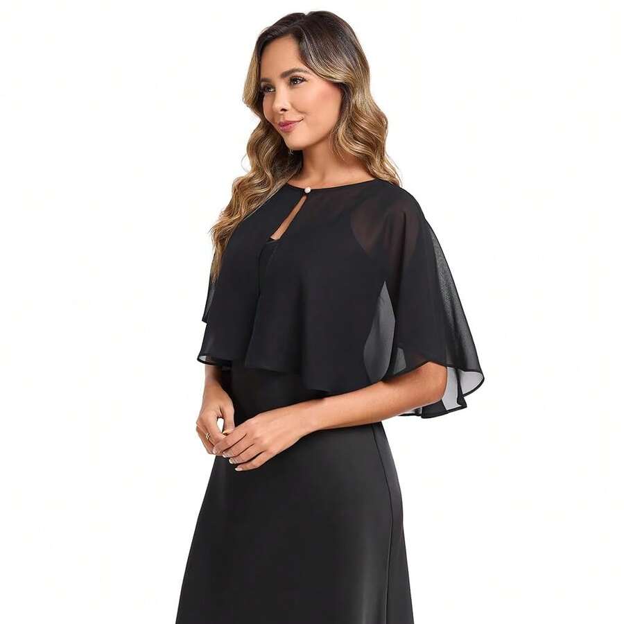 Women's Soft Chiffon Capelets Shawls And Wraps For Evening Wedding Cape Bole Cover Up{"Color_name":"Black"} - Black - 查看 1