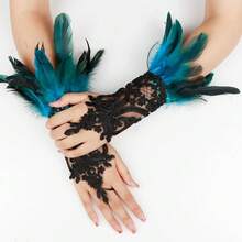 L'VOW 2Pcs Gothic Black Lace Feather Long Gloves For Women Halloween Witch Costume Swan Wristband Cuff{"Color_name":"A-Bluegreen"} - A-藍綠 - 查看 6