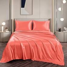 Silky Soft Pink Twin XL Satin Bed Sheets Set, 1 Deep Pocket Fitted Sheet + 1 Flat Sheet + 1 Pillowcase,  In 2025 - Coral - 查看 4
