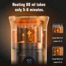 二合一便携式咖啡机，配备3节2500mAh电池，LED温度显示，可制作冷热饮品，按键操作简单，适合家庭、办公室、露营、汽车和旅行使用。