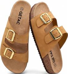 GETAC CHANCLAS MUJER, SANDALIAS HOMBRE con Plantilla de corcho Suela Antiderrapante EVA PANTUNFLAS Unisex, Broche hebilla con Correas ajustables Cómodas estilo casuales playa. - Gris pardo - Ver 13