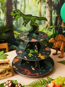 Soporte para tarta de tres niveles con temática de dinosaurio para fiesta de cumpleaños, soporte para tarta con patrón de huesos y fósiles de Tiranosaurio Rex, soporte de papel de tres niveles para tarta de cumpleaños, soporte de tarta de varios niveles, adecuado para fiestas de cumpleaños, picnics al aire libre, reuniones familiares, Navidad, fiestas con temática jurásica, sin contacto directo con alimentos
