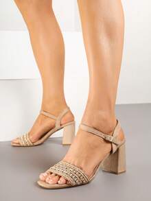 Sparkly Block Heel Sandals Women's Summer Evening/Party - Khaki - View 2