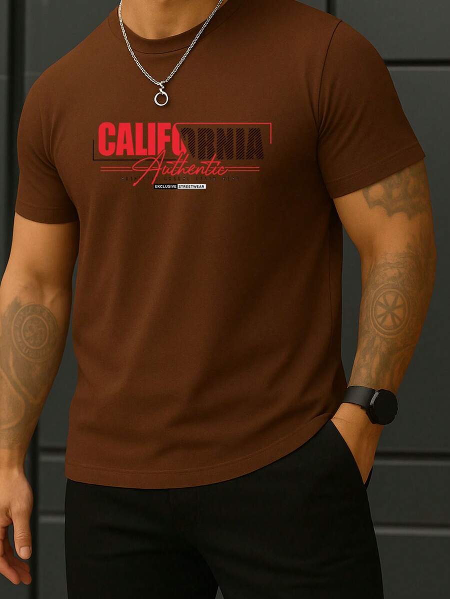 Men's Slim T-Shirt California Shirt Blouse 30.1 Yarn Cotton Mesh Immediate Shipping Various Colors Stylish Print - 鏽棕色 - 查看 1