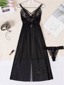 2pcs New Lace Bridal Lingerie Set, Mesh Sheer Sexy Camisole Maxi Dress & Shorts For Rave, Baddie Look - Black - View 10