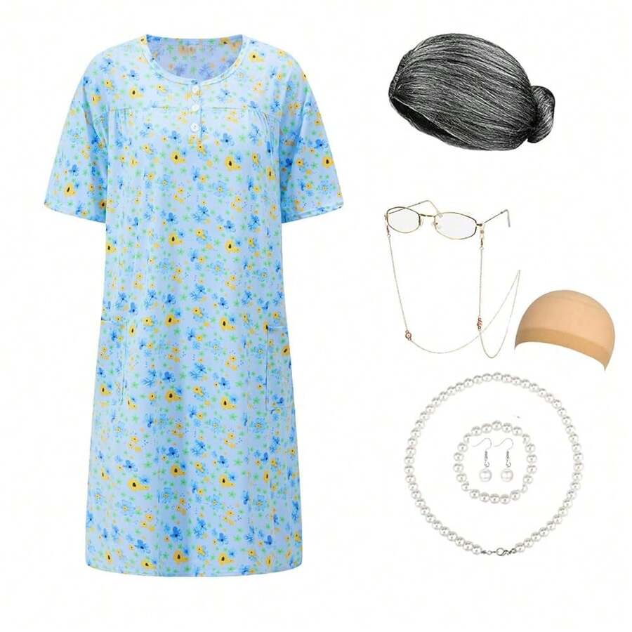 Old Lady Costume For Women Granny Costume Kit With Old Lady Nightgown Wig Grandma Costume Halloween Outfits{"Color_name":"Dress","Size_name":"XL/2XL"} - Đầm - Xem 1