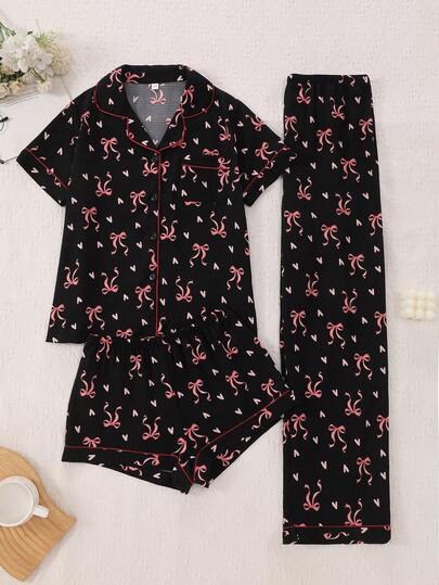 3pcs Women Heart & Bow Tie Printed Bubble Crinkle Short Sleeve Cardigan, Shorts And Pants Pajama Set