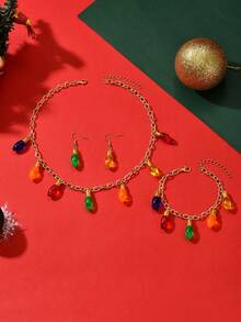 3pcs/Set Christmas Celebration Necklace, Bracelet, Earrings Jewelry Set For Women, Fashion Bohemian Elegant Colorful Bulb Pendant Tassel Choker Necklace, Casual Daily & Holiday Gift Perfect Accessory