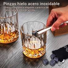 Juego de Vasos para Whisky, Set de Regalo con 2 Vasos de Cristal, 2 Posavasos, 8 Cubitos de Hielo de Granito, 1 Pinza y Bolsa para Cubitos, Regalo Elegante para Hombres, Padre, Novio y Esposo - Acero inoxidable - Ver 6